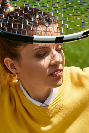 A young beautiful woman enjoys a sunny afternoon, holding a tennis racket while smiling gently.の写真素材