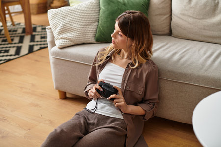 A young woman lounges on the floor, immersed in her game with a controller in hand.
