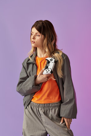 A confident young woman exudes summer vibes as she playfully grips a gaming controller.