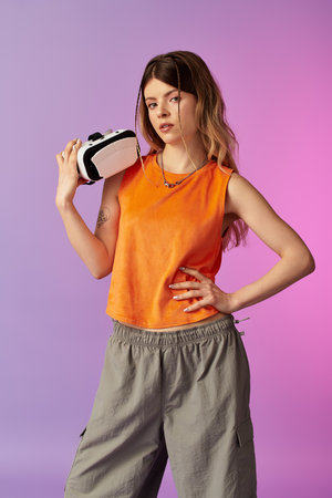 In a vibrant setting, a young woman in a stunning outfit radiates summer energy.