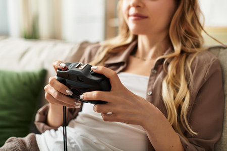 A young beautiful woman relaxes on the couch while playing video games, capturing summer fun.