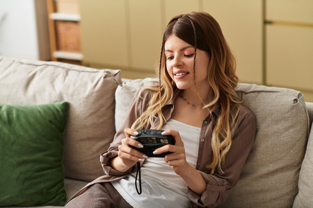 A lovely young woman enjoys a moment of creativity as she takes pictures indoors, dressed casually.