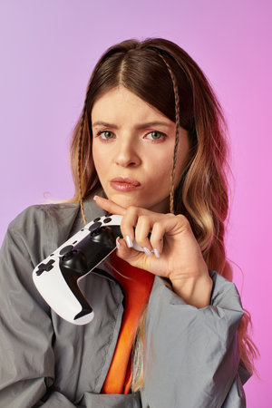 A young woman with a playful summer spirit holds a game controller in vibrant colors.