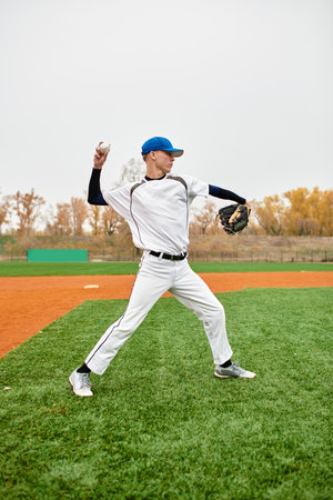 Young athlete prepares to pitch a baseball on a lush green field surrounded by autumn colors.
