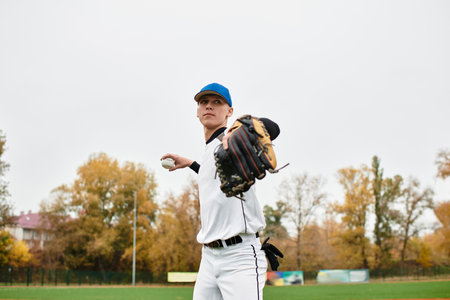 With focus and determination, the young athlete winds up to pitch a baseball against the grey sky.の写真素材
