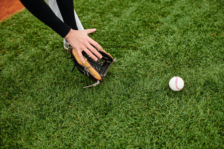 A talented athlete focuses intently as he prepares to catch a baseball on the field.の写真素材
