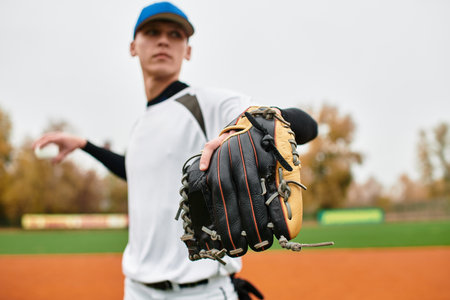 Energetic teenager plays baseball, showcasing athletic skills on the vibrant green field.の写真素材