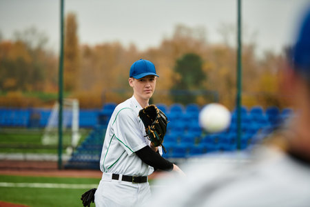 Two teenage boys engage in a spirited baseball game, showcasing their athleticism and teamwork.