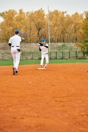 Two young athletes play baseball joyfully, showcasing their skills on the vibrant field.の写真素材