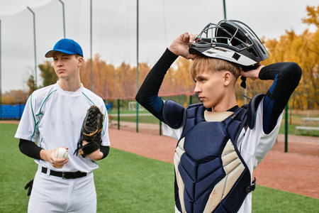 Two teenage boys play baseball, preparing for practice on a field surrounded by autumn trees.