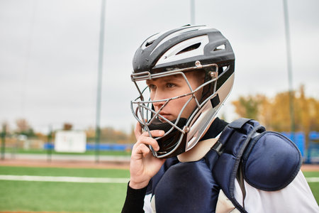 A young athlete concentrates before his next move on the baseball field during practice.