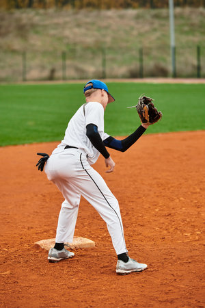 A talented teenage boy practices his pitching on a vibrant baseball field under clear skies.