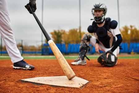Two teenage boys are playing baseball on a colorful field surrounded by fall foliage.の写真素材