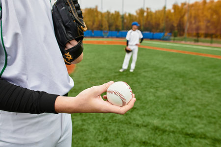 Two teenage boys practice baseball on a vibrant field while enjoying the sunshine together.の写真素材