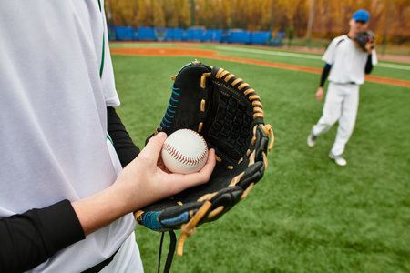 Two enthusiastic boys actively play baseball on a lush green field surrounded by autumn colors.の写真素材