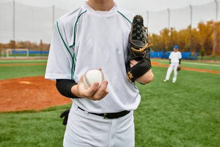 Two teenage boys are engaged in an active game of baseball, showcasing athletic talent and teamwork.の写真素材