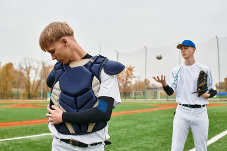 Two teenage boys are getting ready for a baseball game outdoors