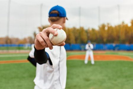 Two teens showcase their skills and teamwork while playing baseball on a lively field.の写真素材