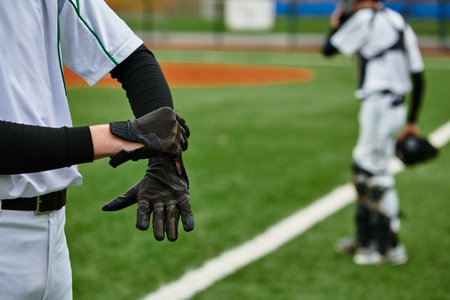 Two lively teen boys ready to play an exciting baseball game, showcasing their energy and athleticism.の写真素材