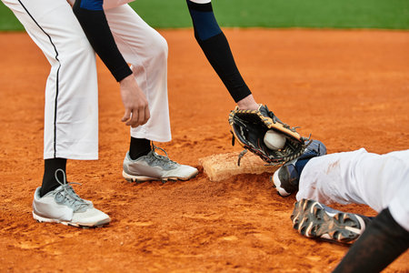 Two eager teens play baseball, showing off their skills on the field.の写真素材