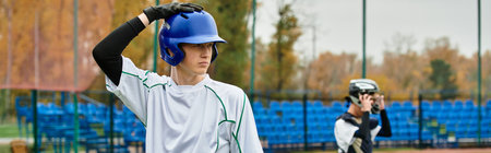 Boys take turns pitching and batting in an exciting youth baseball game on the field, banner