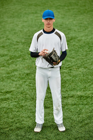 A young athlete stands confidently on a baseball field, holding his glove, ready for action.