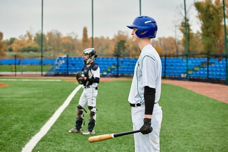 Teenage boys engage in an exciting game of baseball surrounded by autumn colors and youth energy.