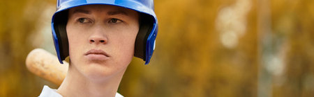 A good looking player focuses intently while waiting for the pitch during a baseball game, banner