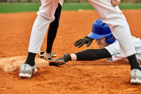 Dynamic energy fills the air as two teenage boys engage in a spirited baseball game on the field.