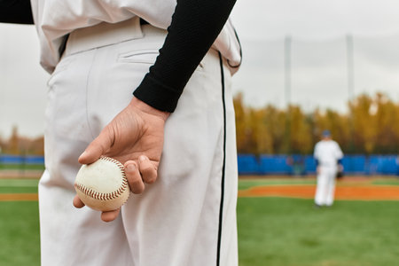 Two enthusiastic athletes play baseball on a vibrant green fieldの写真素材