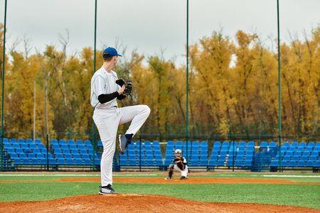Teenage boys play an exciting game of baseball under clear skies, showcasing their athletic skills.