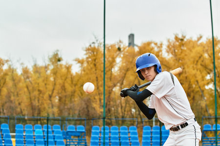 A focused player practices hitting a baseball on an outdoor field by the trees.の写真素材