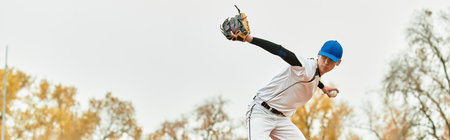 A talented player focuses intently while pitching baseball on a beautiful field, bannerの写真素材