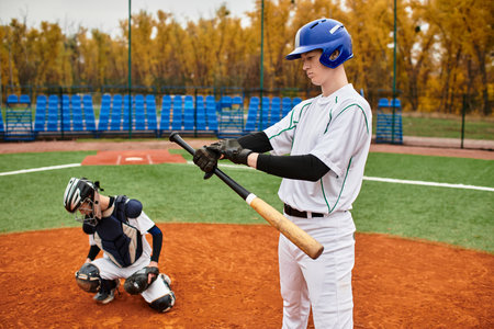 Two boys in athletic gear are actively engaged in a baseball game, showcasing their skills.の写真素材