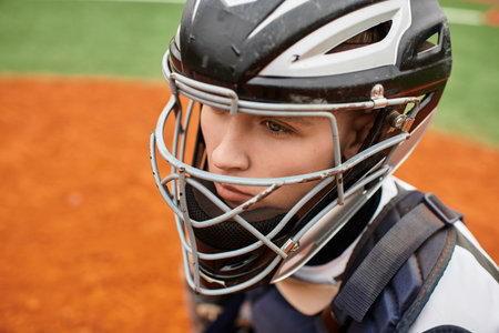 A young athlete focuses intently on the game while wearing a baseball helmet and gear.の写真素材
