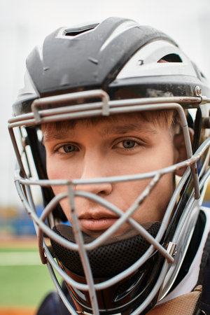A good looking player focuses intensely while playing baseball outdoors under a clear sky.の写真素材