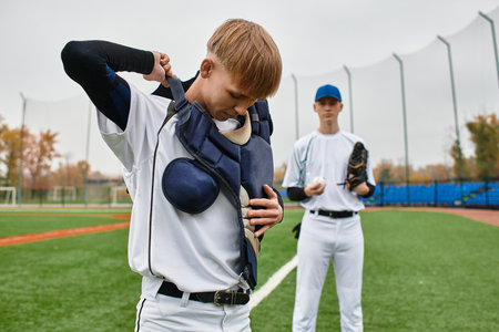 Two teenage boys prepare for a baseball game, dressed in uniforms and ready for action.の写真素材