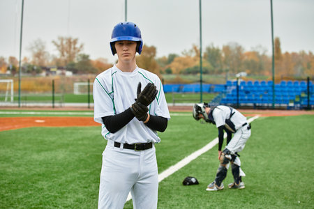 Two young athletes engage in a lively game of baseball amidst a well-maintained athletic field.
