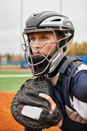 A talented player catches a pitch, focused and ready to excel in baseball.の写真素材