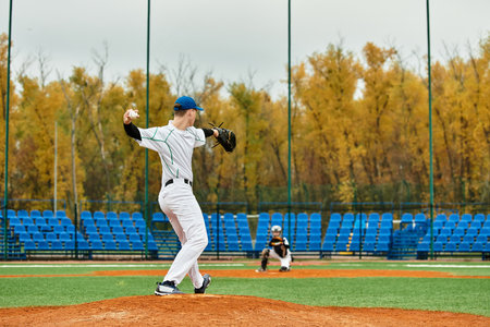 Two teens play an exciting baseball game on a colorful autumn day, showcasing their skills.
