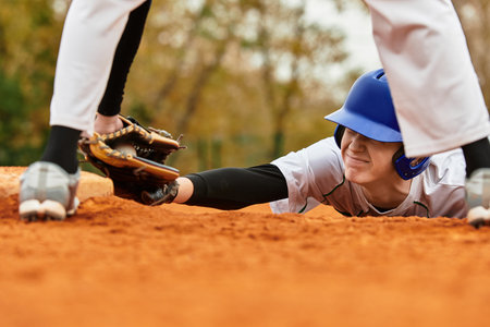Excitement fills the air as two teens showcase their skills playing baseball in the sun.の写真素材