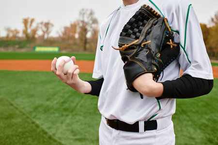 A talented player stands on the baseball field, ready to throw.の写真素材