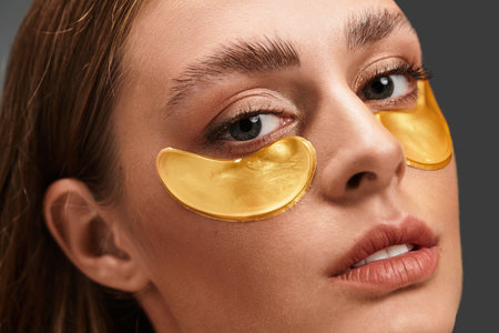 A young woman boosts her skincare routine with golden eye patches, radiating confidence.の写真素材