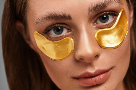 A young woman relaxes with golden eye patches, radiating confidence during her skincare routine.の写真素材