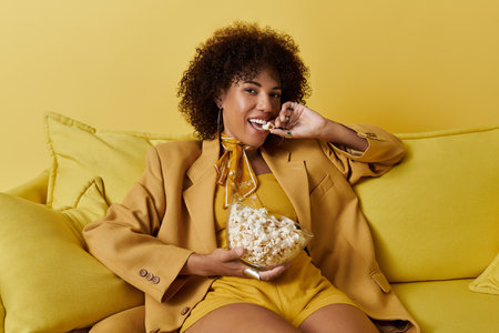 Curly-haired woman enjoys a popcorn while relaxing in a playful yellow outfit, exuding joy.