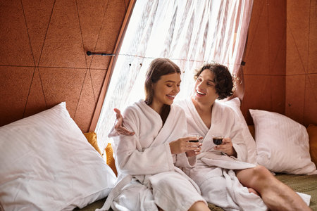 Two young lovers in soft robes laugh and savor cozy drinks in a dimly lit space.の写真素材