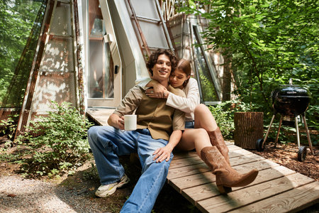A young couple relaxes in a tranquil park, embracing each other and enjoying their peaceful escape.