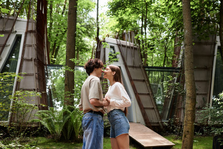In a serene park, a young couple shares a tender kiss amid lush greenery and modern buildings.の写真素材
