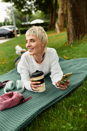A young woman lounges on a green blanket in a park, sipping coffee and engaging with her phone.の写真素材