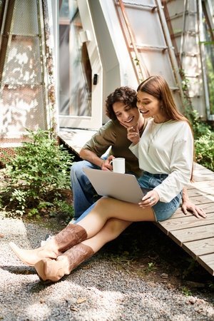 Young couple relaxes together outdoors, sharing laughter and joy while looking at a laptop.の写真素材